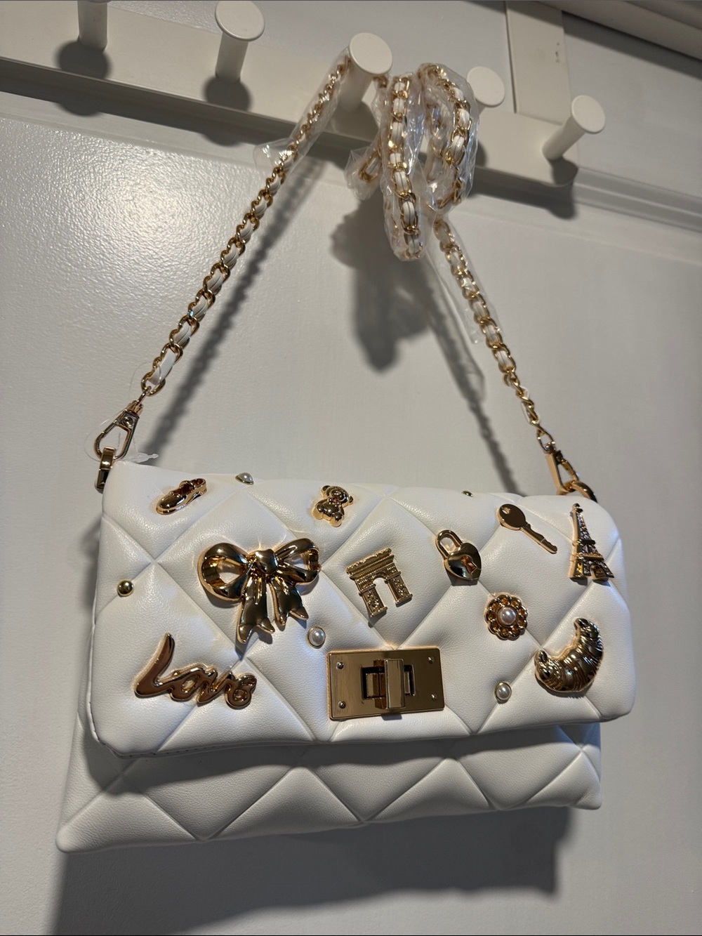 Aldo Kirstyn White Quilted Shoulder Bag with Gold Charm Accents